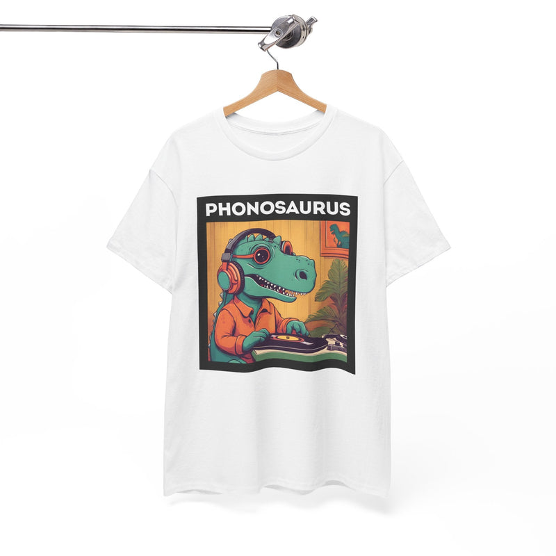 'Phonosaurus' Men's Vinyl T-Shirt, showing reverse