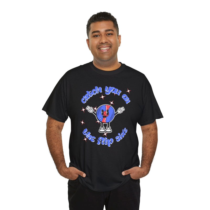 'Catch You On The Flip Side' Men's Vinyl T-Shirt, close-up detail