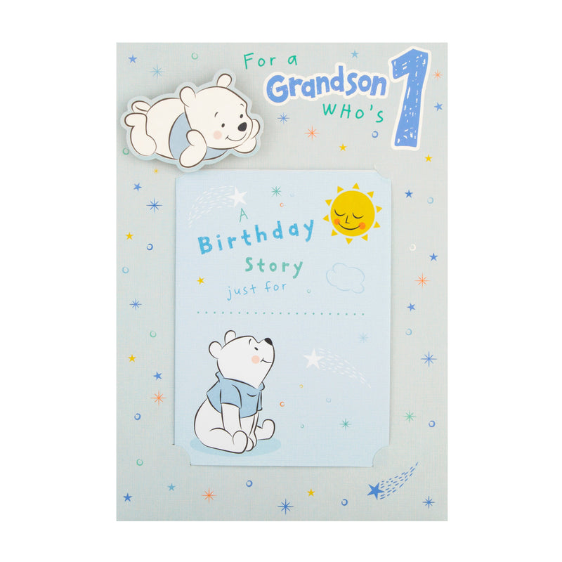 1st Birthday Card for Grandson - Cute Disney Winnie the Pooh Design with Keepsake Booklet