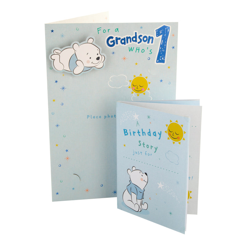 1st Birthday Card for Grandson - Cute Disney Winnie the Pooh Design with Keepsake Booklet