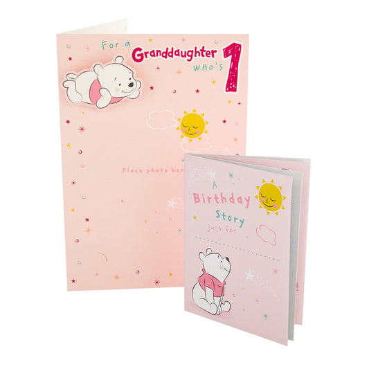 1st Birthday Card for Granddaughter - Disney Winnie the Pooh Design with Keepsake Booklet