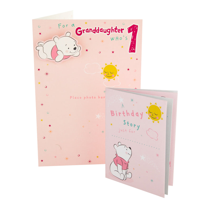 1st Birthday Card for Granddaughter - Disney Winnie the Pooh Design with Keepsake Booklet