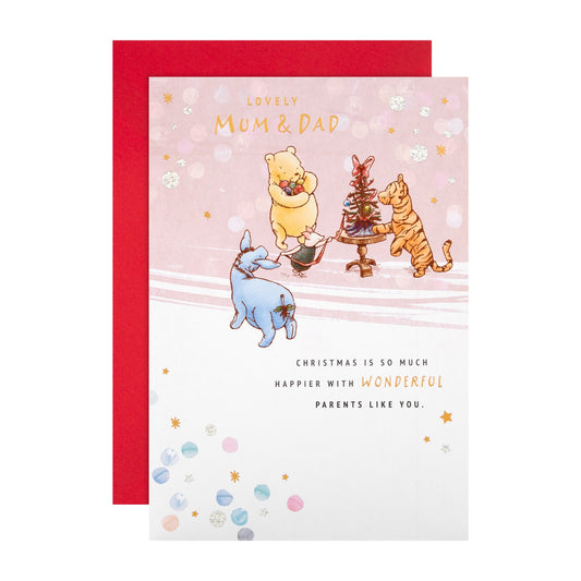 Christmas Card for Mum and Dad - Disney Winnie the Pooh Cute Tree Decorating Design