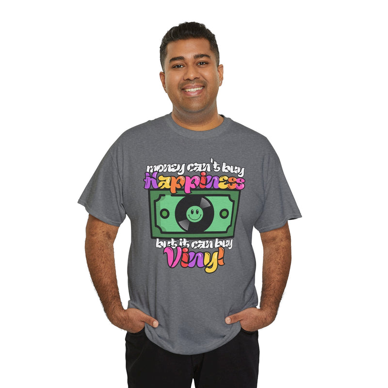 'Money can't buy happiness' Men's Vinyl T-Shirt, close-up detail