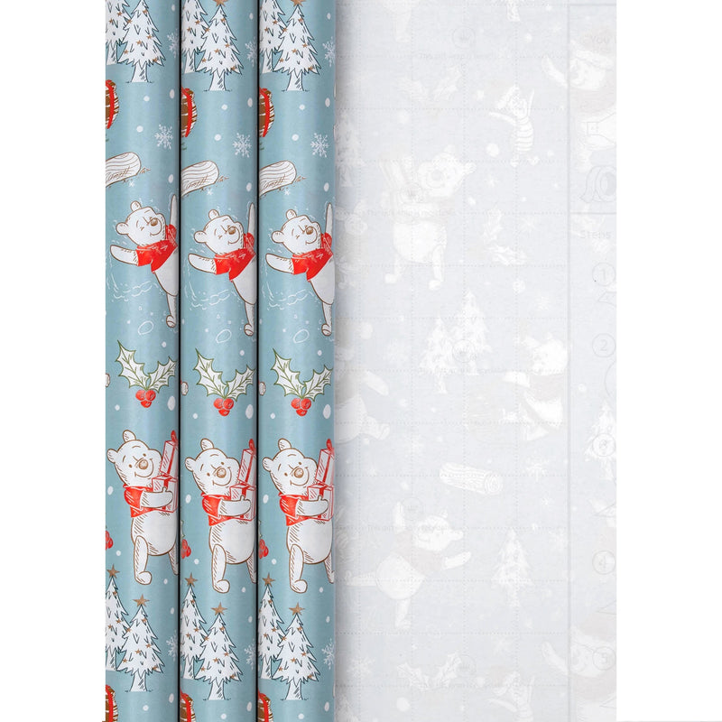 12M Multipack Christmas Wrapping Paper - 3 x 4M Rolls in 1 Blue Disney Winnie the Pooh Design