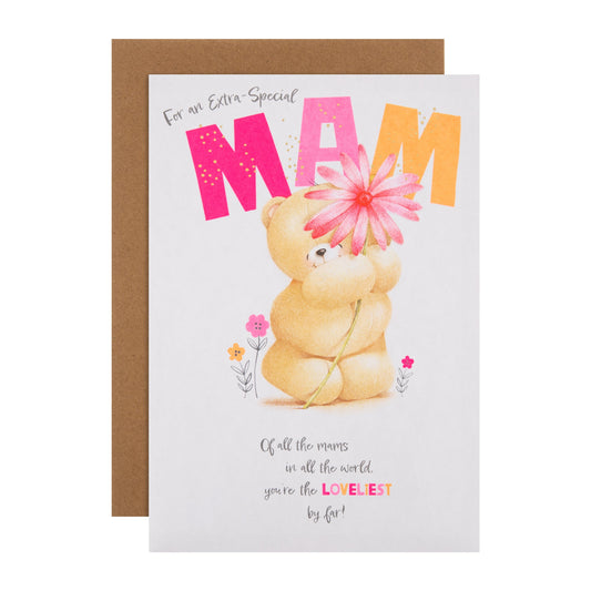 Birthday Card for Mam - Forever Friends Bear Flower Design