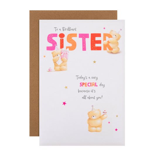Birthday Card for Sister - Pink Forever Friends Bears Party Design