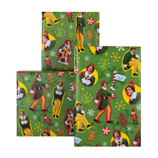 12M Multipack Christmas Wrapping Paper - 3 x 4M Rolls in 1 Green Buddy the Elf Design