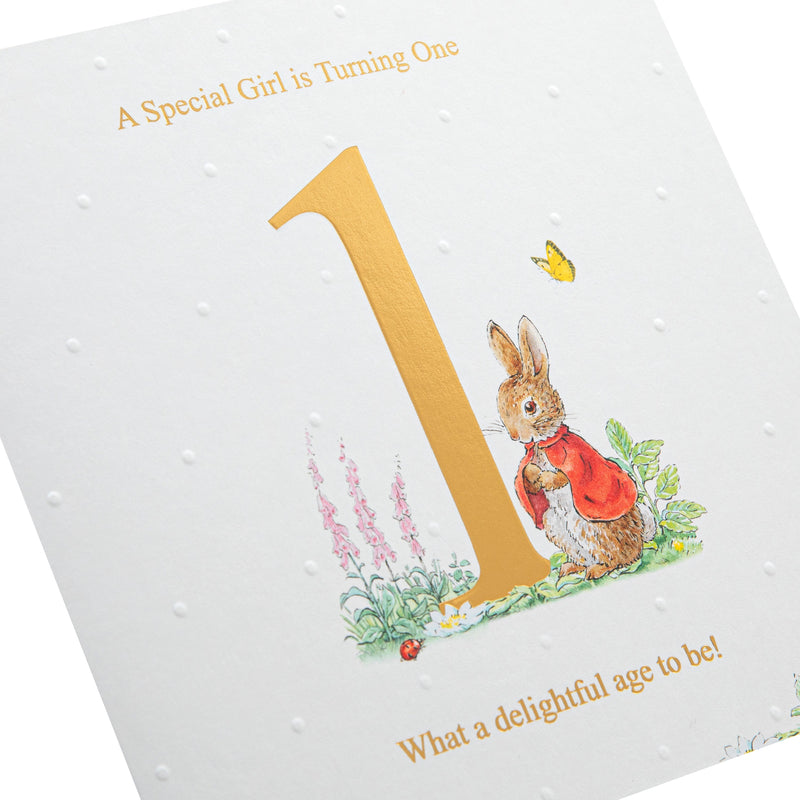 1st Birthday Card for Little Girl - Beatrix Potter's Flopsy Bunny Design