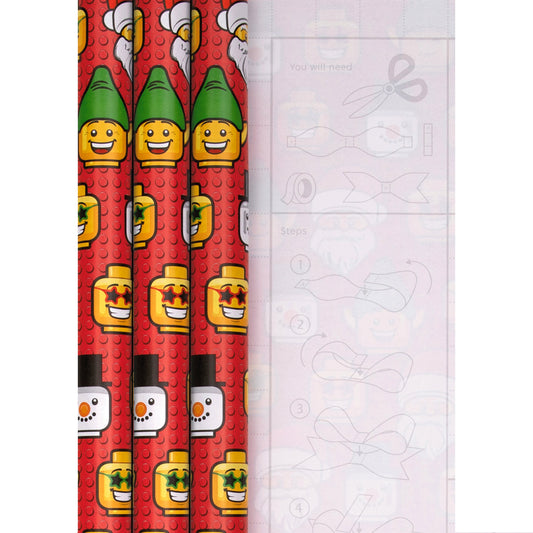 12M Multipack Christmas Wrapping Paper - 3 x 4M Rolls in 1 Red LEGO® heads Design