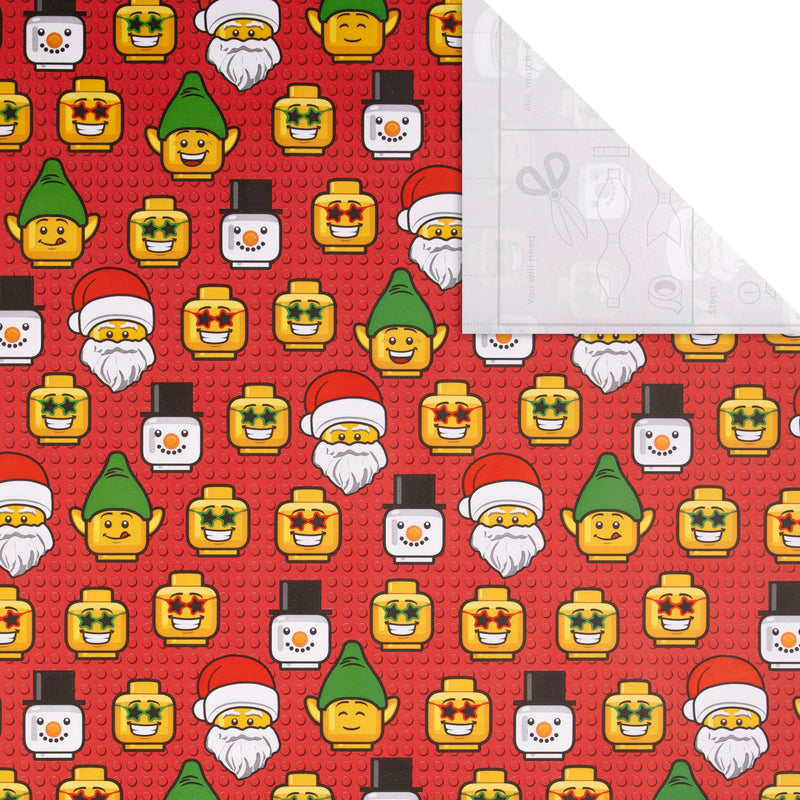 12M Multipack Christmas Wrapping Paper - 3 x 4M Rolls in 1 Red LEGO® heads Design
