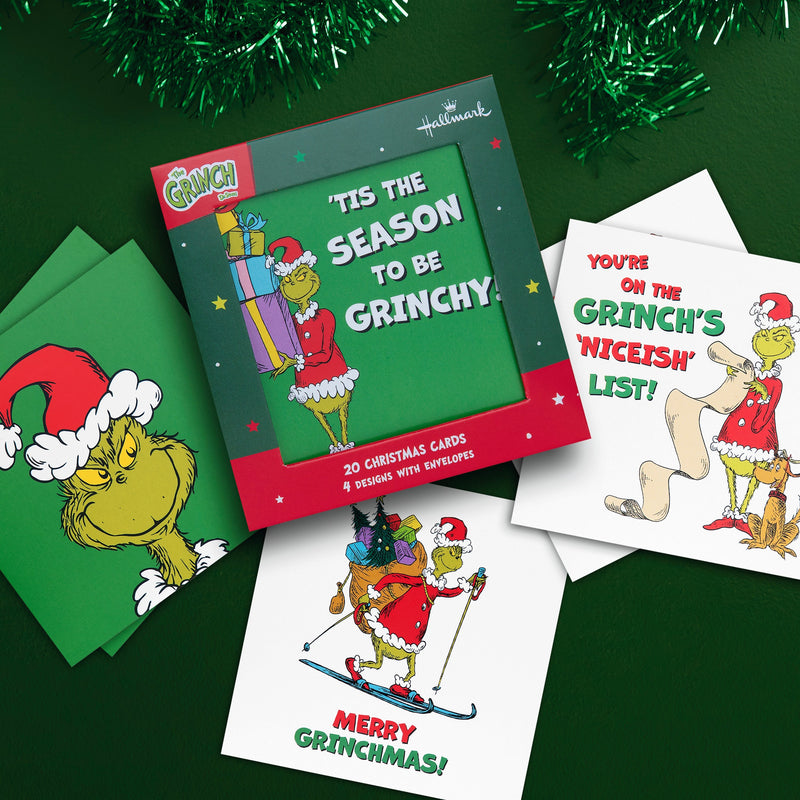 Multipack Kids Christmas Cards - Pack of 20 in 4 Fun Grinch Inspired Designs