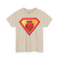 'Vinyl Man' Men's Superhero T-Shirt, size reference