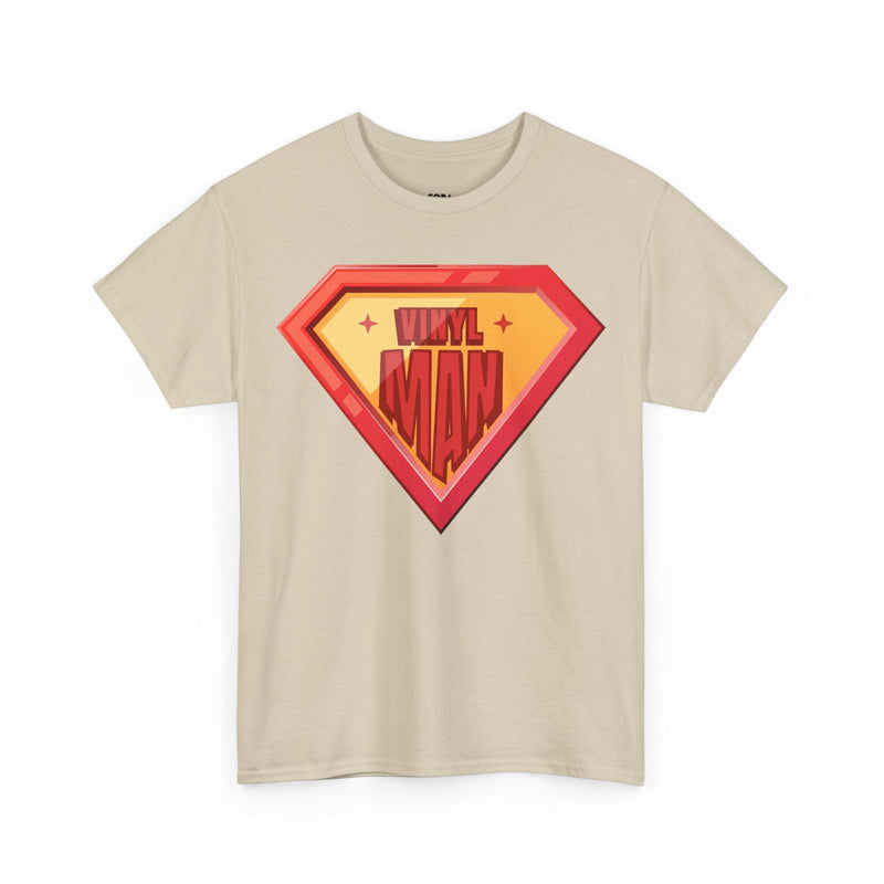 'Vinyl Man' Men's Superhero T-Shirt, size reference