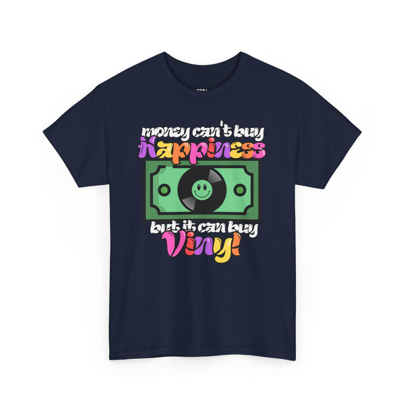 'Money can't buy happiness' Men's Vinyl T-Shirt, in display