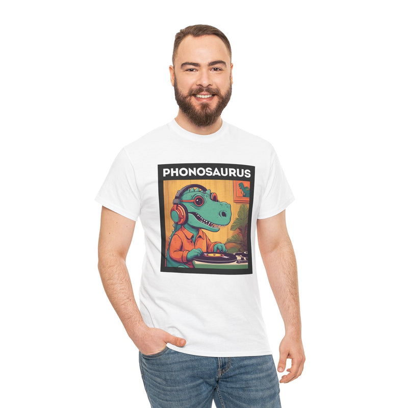'Phonosaurus' Men's Vinyl T-Shirt, side angle