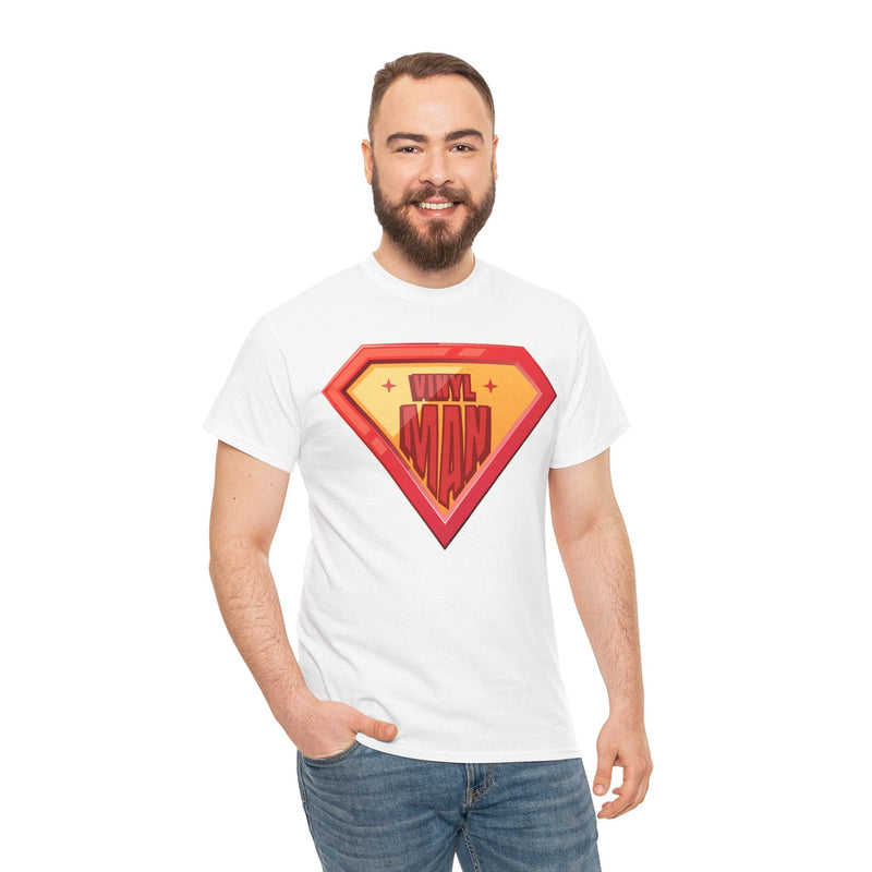 'Vinyl Man' Men's Superhero T-Shirt, close-up detail