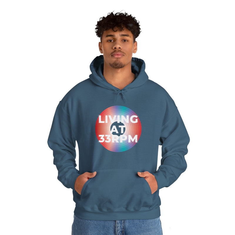 'Living at 33rpm' Men's Hoodie, packaging shot
