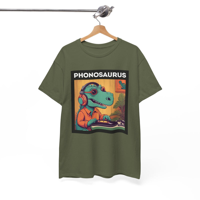 'Phonosaurus' Men's Vinyl T-Shirt, close-up detail
