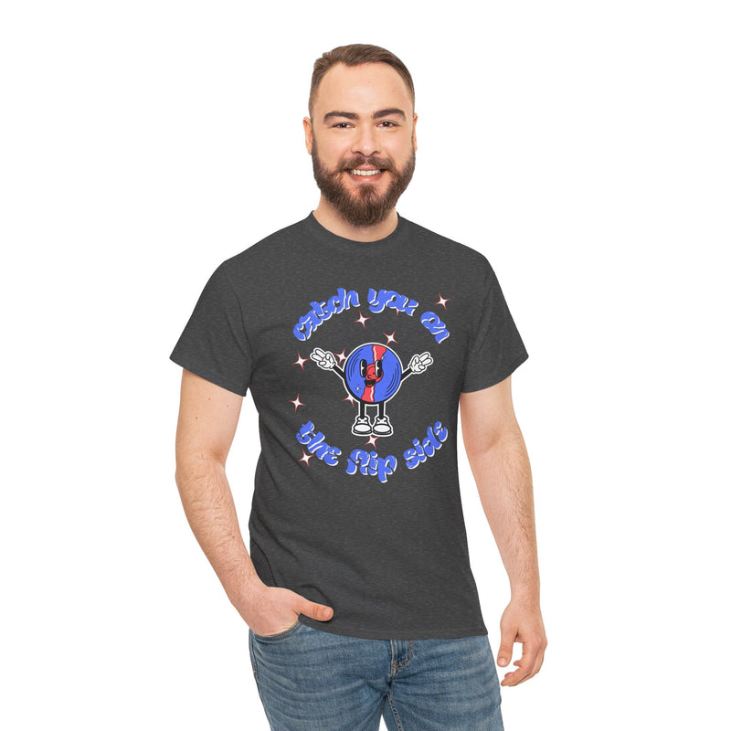'Catch You On The Flip Side' Men's Vinyl T-Shirt, close-up detail