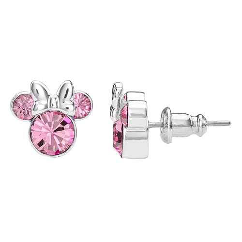 Disney Minnie Mouse Silver Plated Pink Crystal Stud Earrings, close-up detail