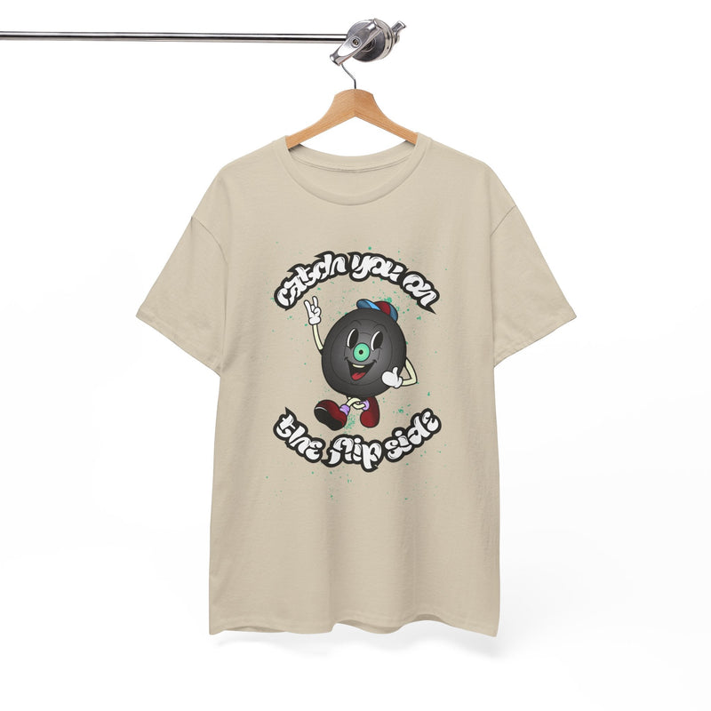 'Catch You On The Flip Side' Men's Vinyl T-Shirt, showing reverse