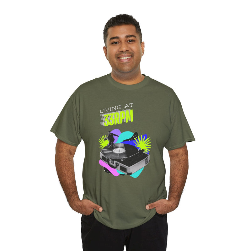 'Living at 33rpm' Flouro Men's T-Shirt, showing reverse