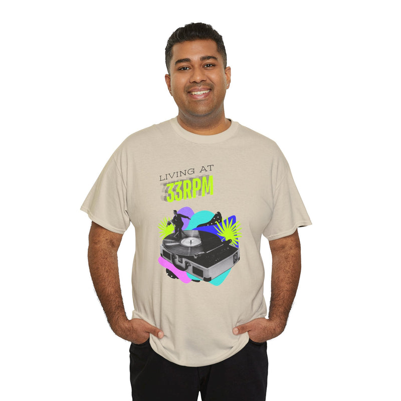 'Living at 33rpm' Flouro Men's T-Shirt, side angle