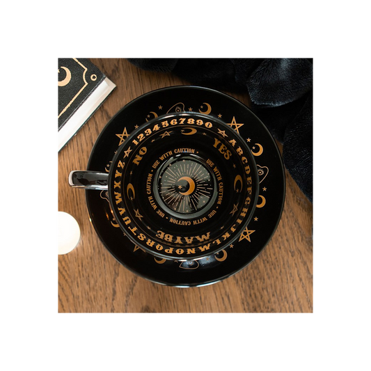 Black Talking Board Teacup and Saucer, alternate view