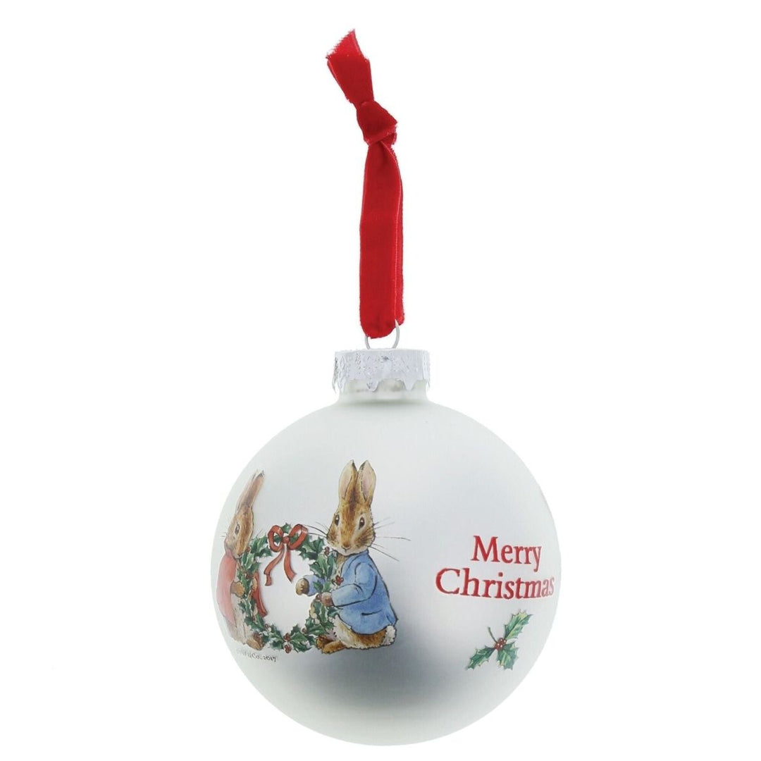Official Beatrix Potter Peter Rabbit And Flopsy Holding Holly Wreath Bauble