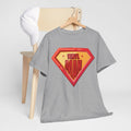 'Vinyl Man' Men's Superhero T-Shirt, size reference
