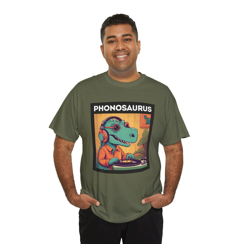 'Phonosaurus' Men's Vinyl T-Shirt, in display
