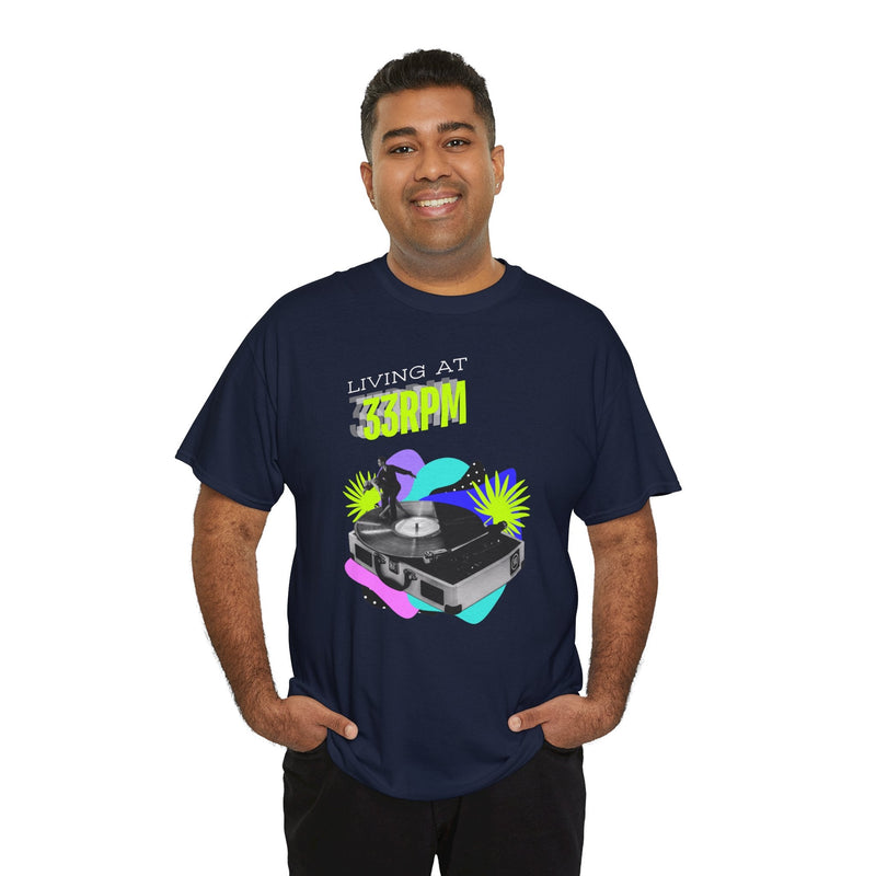 'Living at 33rpm' Flouro Men's T-Shirt, close-up detail