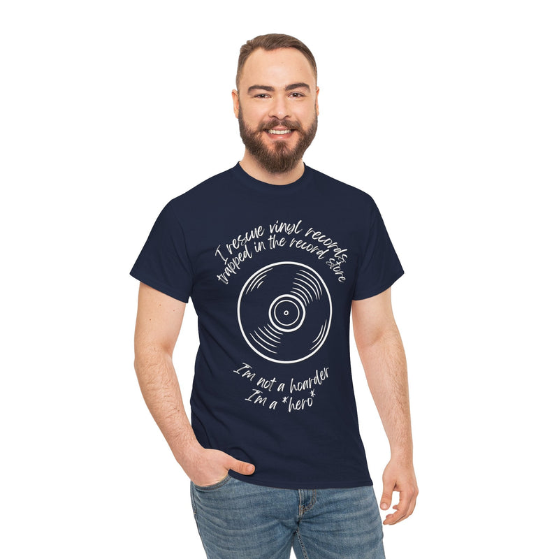 'I'm Not a Hoarder, I'm a Hero' Men's Vinyl T-Shirt, packaging shot