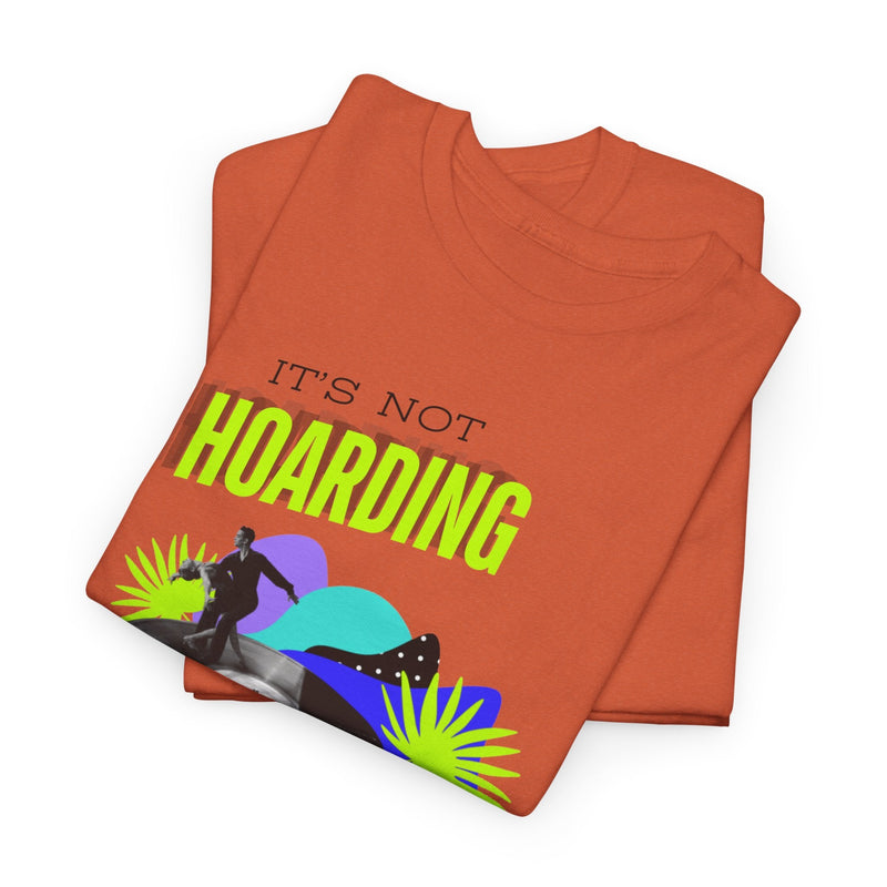 'It's Not Hoarding If It's Vinyl' Flouro Men's T-Shirt, close-up detail