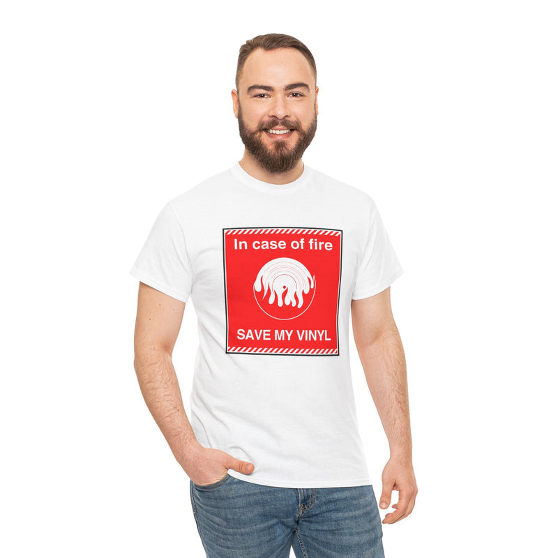 'In Case of Fire, Save My Vinyl' T-Shirt, rear view