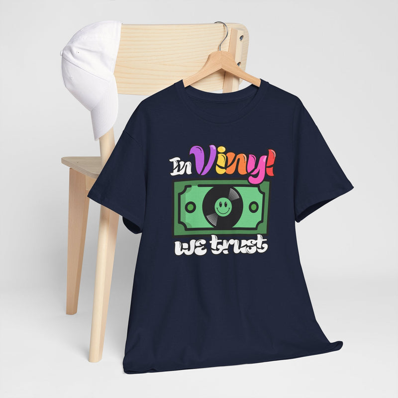 'In Vinyl We Trust' Men's T-Shirt, size reference