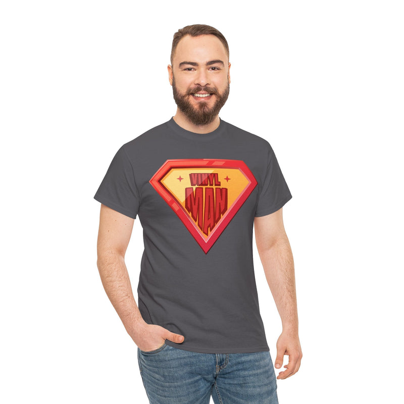 'Vinyl Man' Men's Superhero T-Shirt, size reference