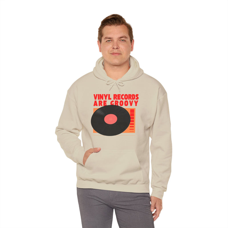 'Vinyl Records Are Groovy' Men's Hoodie, showing reverse