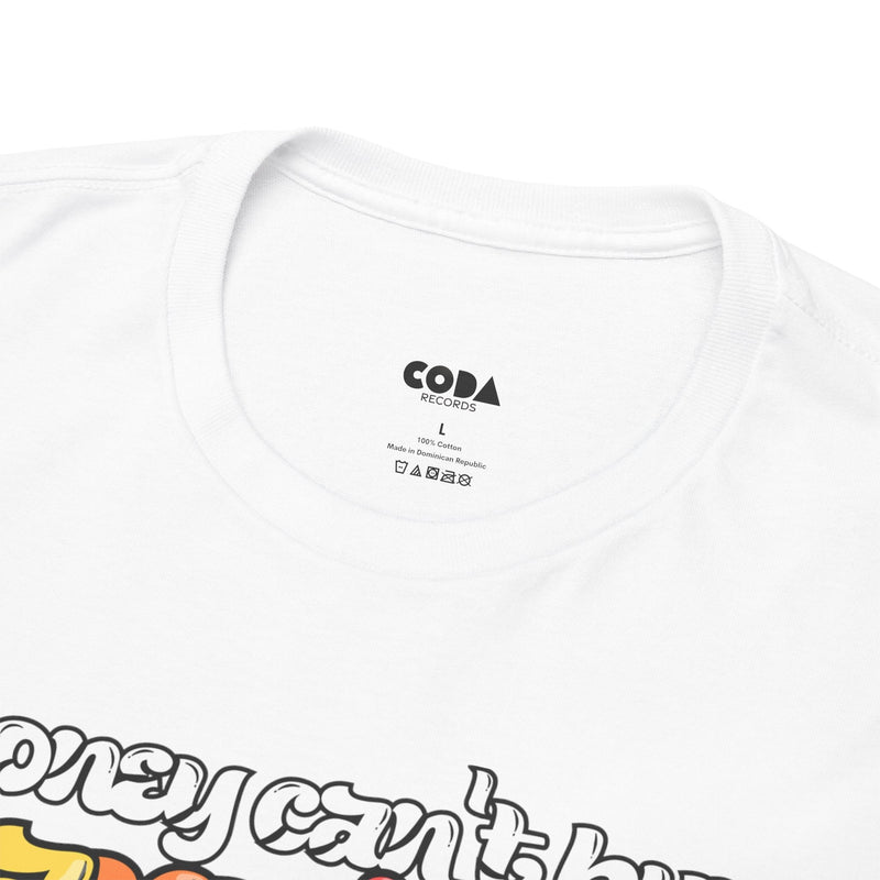 'Money can't buy happiness' Men's Vinyl T-Shirt, close-up detail