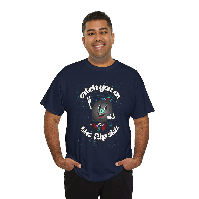 'Catch You On The Flip Side' Men's Vinyl T-Shirt, side angle