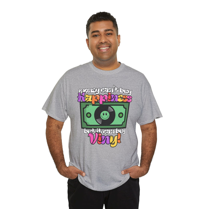 'Money can't buy happiness' Men's Vinyl T-Shirt, rear view