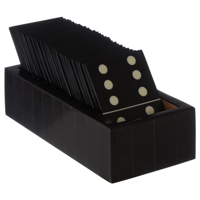 Churchill Games Black Domino Set With Black Dominoes, close-up detail