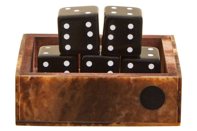 Churchill Games Brown And Black Finish Dice Box With Five Dice, packaging shot