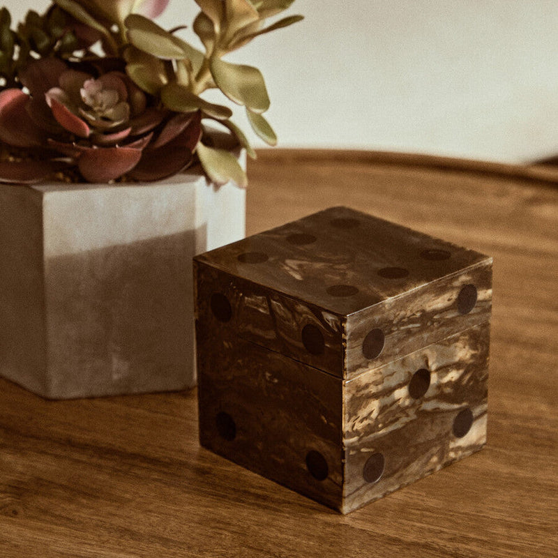 Churchill Games Brown And Black Finish Dice Box With Five Dice, close-up detail