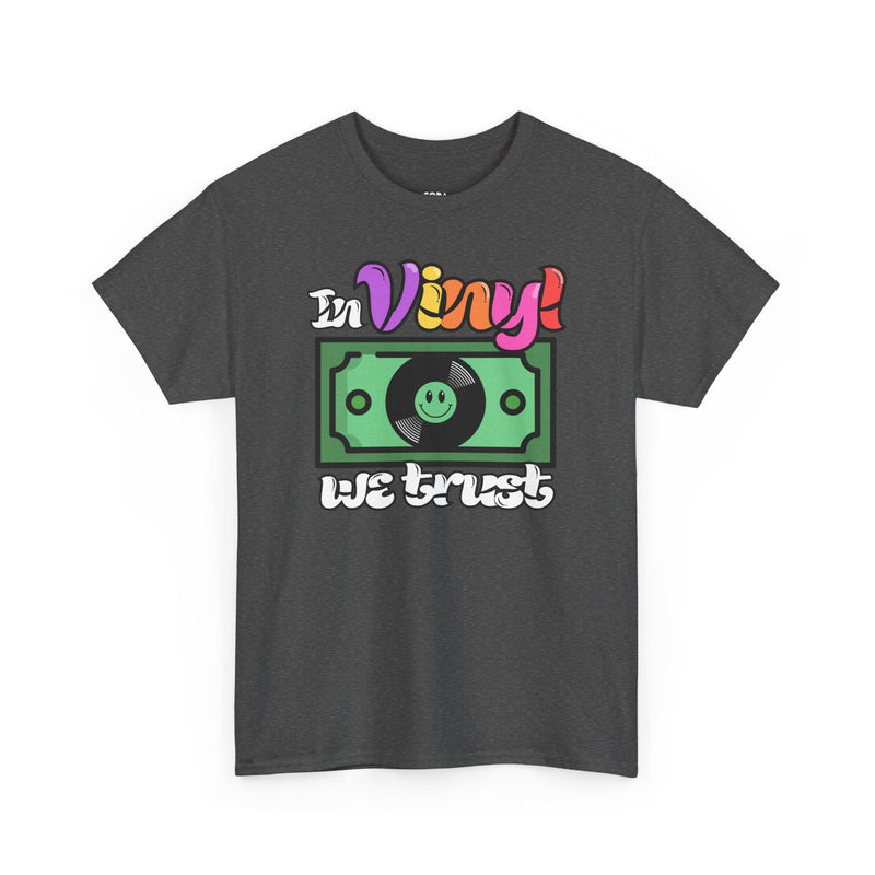 'In Vinyl We Trust' Men's T-Shirt, size reference
