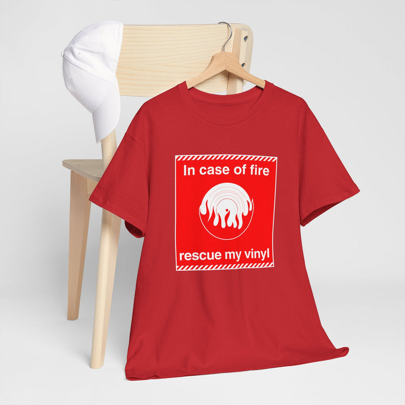 'In Case of Fire, Save My Vinyl' T-Shirt, rear view