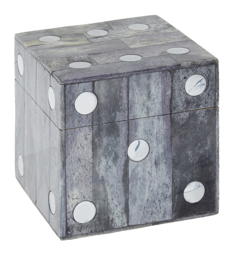 Churchill Games Grey Bone Dice Box with 5 Black Dice, side angle