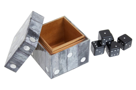 Churchill Games Grey Bone Dice Box with 5 Black Dice, alternate view