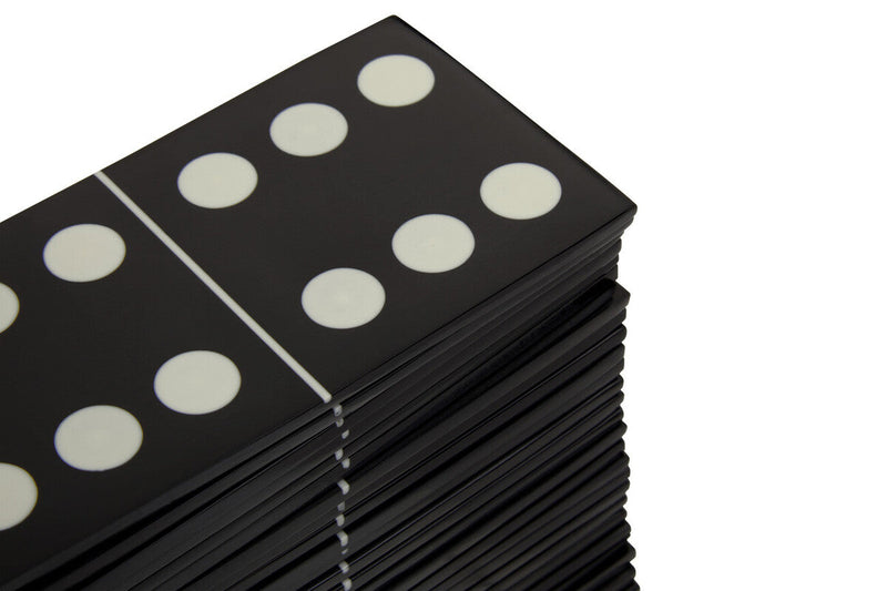 Churchill Games Grey Bone Domino Set with Black Dominoes, close-up detail